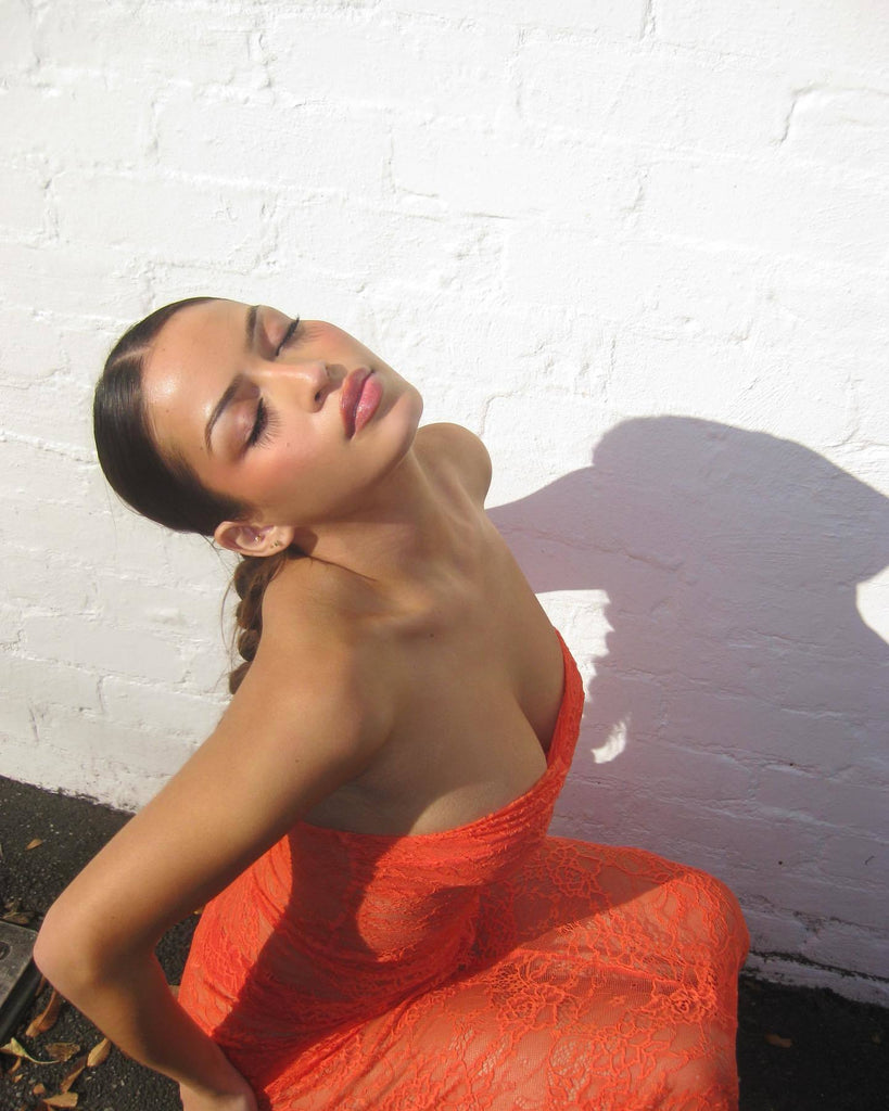 Orange Sheer Lace Draped Tube Maxi Dress