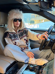 Jacquard Zipper Turn Down Collar Ski Cardigan