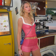 Red Plaid Ruffle Strap Crop Top and Shorts Set