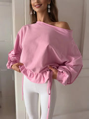 Off Shoulder Drawstring Hem Sweatshirt