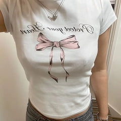 Short Sleeve Bow Text Print White Tee - Free From Label