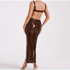 A glamorous brown sequin maxi dress with a sleeveless design and a flattering silhouette.