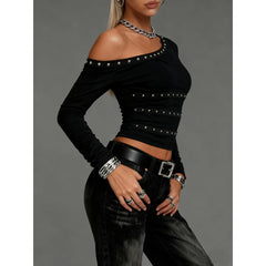 Black Off Shoulder Studded Top
