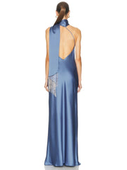 Blue Halter Neck One Shoulder Beaded Tassel Maxi Dress
