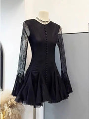 Lace Sheer Pleated Buttoned Long Sleeve Mini Dress