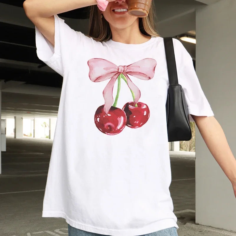 Cherry Bow Printed Short Sleeve Cottagecore Aesthetic Tees