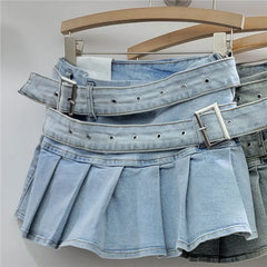 Denim Low Waist Double Belt Pleated Mini Skirt