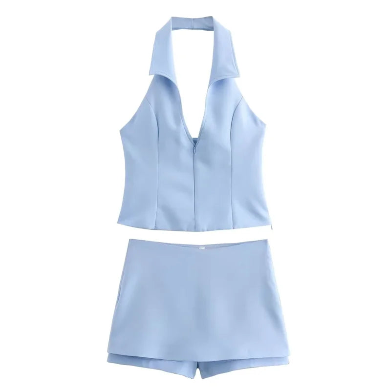 Light blue sleeveless top and shorts set 