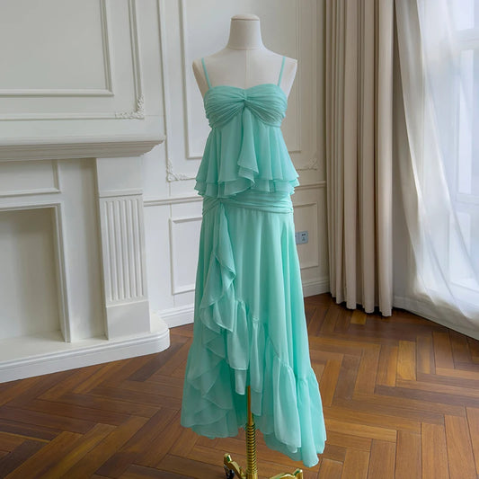 Green Babydoll Tube Crop Top And Ruffle Midi Skirt Set
