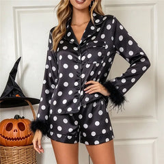 Satin Polka Dot Long Sleeve  Feather Cuff Top And Shorts Set
