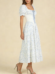 Blue Printed Corset Lace Up Puff Sleeve Maxi Dress
