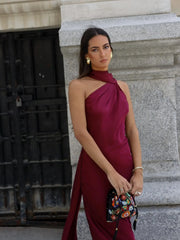 Satin Halter Drape Maxi Dress