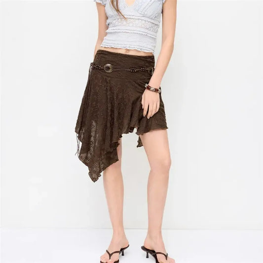 Brown Lace Bead String Belt Irregular Hem Skirt