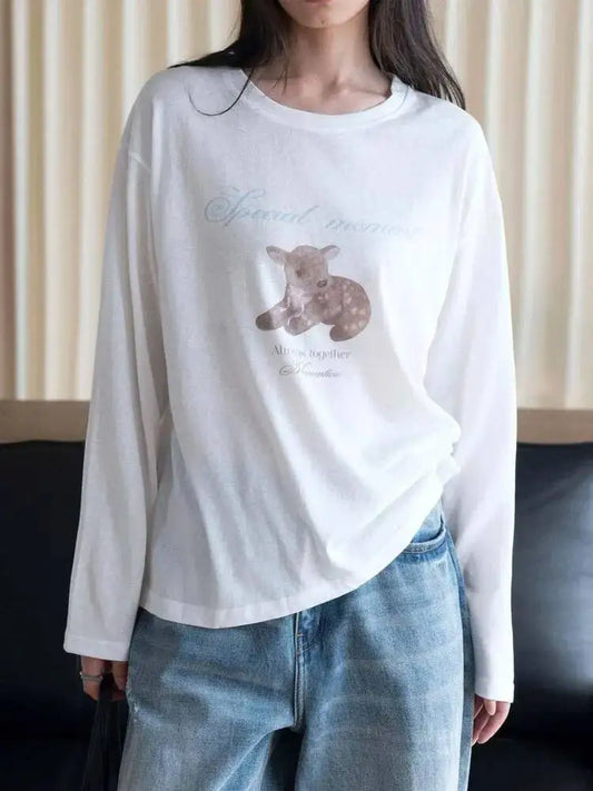 Long Sleeve Deer Letter Print Top