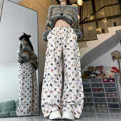 White Cats Print Cargo Pants