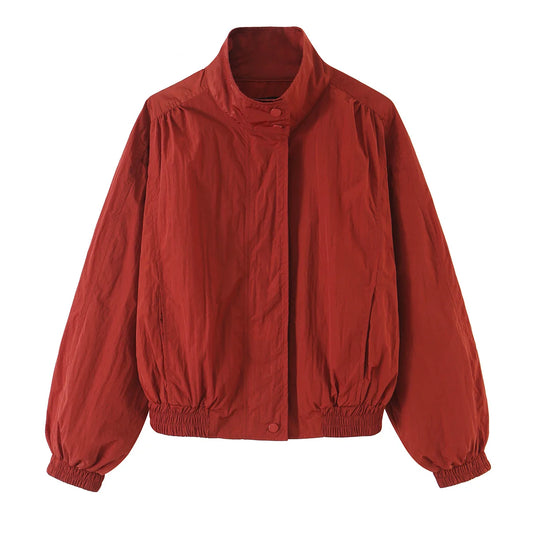 Red Stand Collar Elastic Hem Bomber Jacket