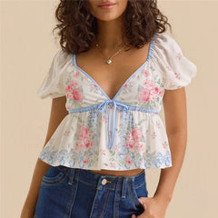 White Floral Puff Sleeve Peplum Crop Top