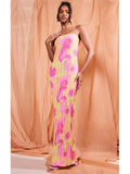 Pink And Yellow Printed Pleated Texture Maxi Dress