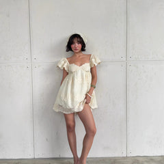 Embroidered Lace Bubble Sleeves Mini Dress