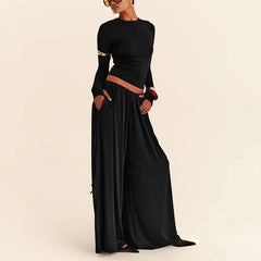 Long Sleeve Crop Top And Drawstring Wide Leg Pants Set