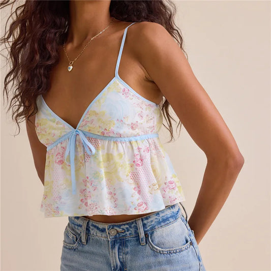 Floral Print Front Tie Peplum Crop Cami Top