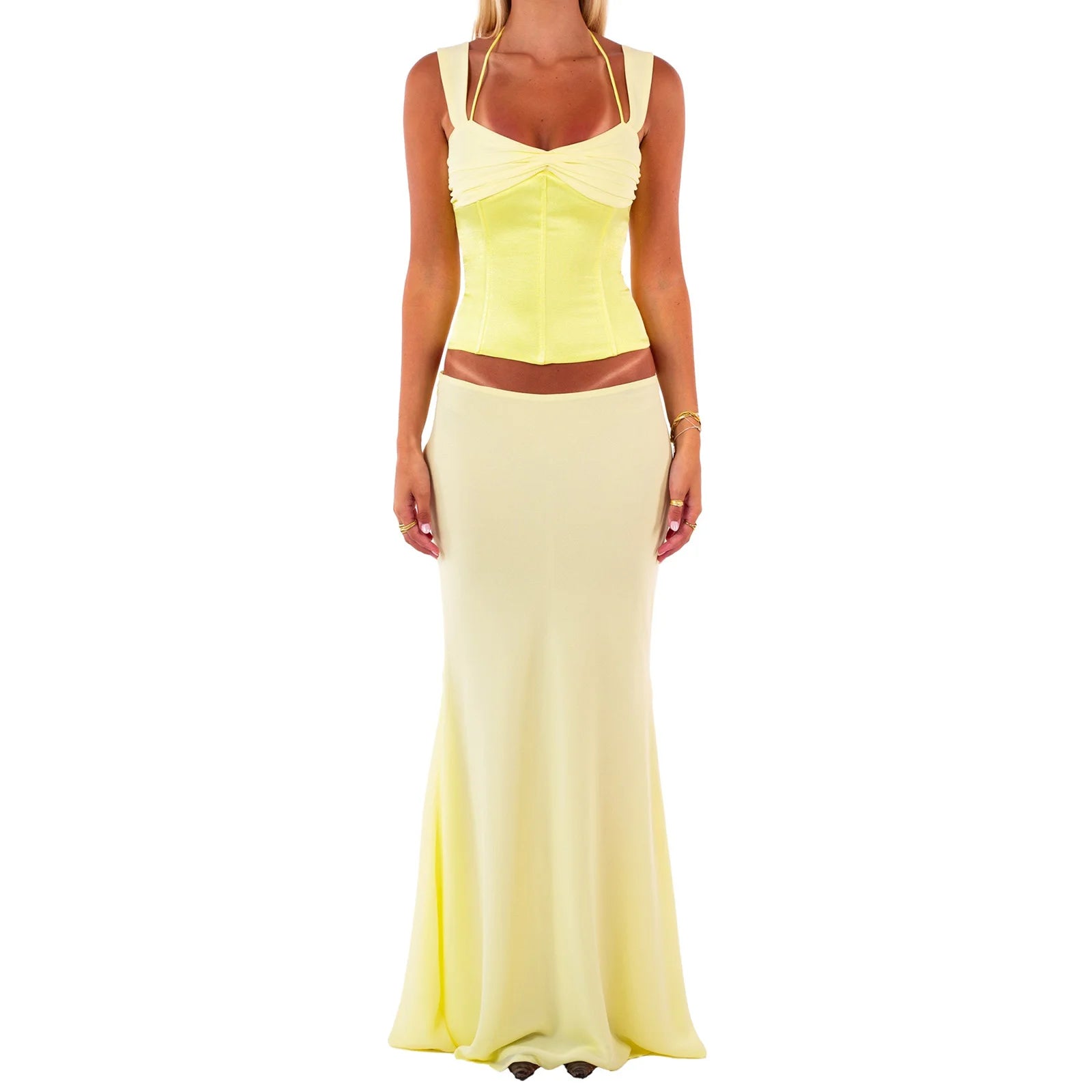 Women's floral lace-up corset crop top and matching mermaid long skirt set.


