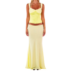 Women's floral lace-up corset crop top and matching mermaid long skirt set.

