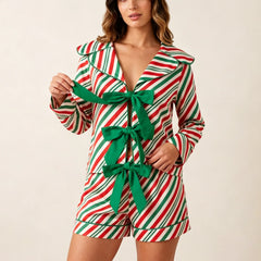 Candy Cane Striped  Front Bow Tie Long Sleeve Top and Shorts Loungewear Set