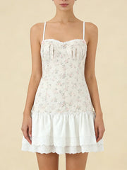 White Floral Print Cami Ruffled Lace Hem Mini Dress