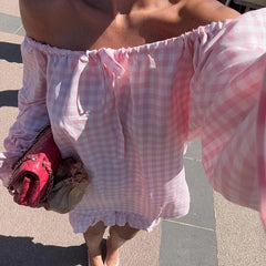 Plaid Off Shoulder Tops And Ruffle Shorts Set