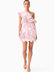 Pink Printed One Shoulder Multi-layered Ruffles Mini Dress