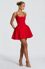 Red Strap Pleated A-Line Mini Dress