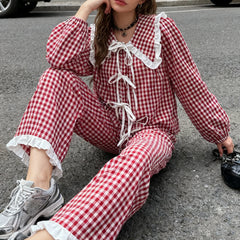 Red Plaid Long Sleeve Doll Collar Tie Up Top And  Wide Leg Pants Sets
