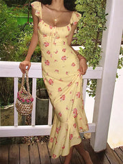 Yellow Printed Short Sleeve Tied Up Front Midi Dress