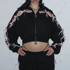 Ribbion Cut Out Design Zipper Crop Hoodie
