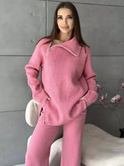 Turtleneck Zipper Knitted Sweater And Trousers Matching Set