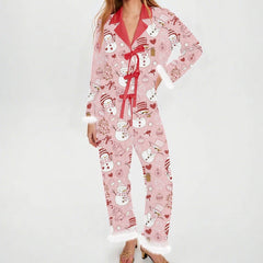 Christmas Tie Up Fur Trim Long Sleeve Shirt And Pants Sleepwear Set