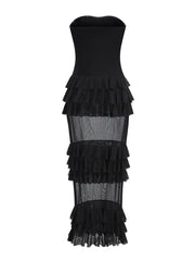 Women's black strapless maxi dress, ruffles and patchwork.