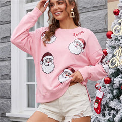 Sequin Santa Claus Face Crew Neck Pullover
