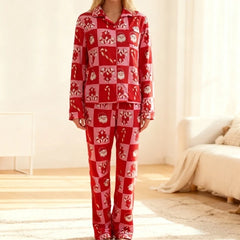 Xmas Checkerboard Candy Cane Print Button Down Shirts And Pants Pajamas Set