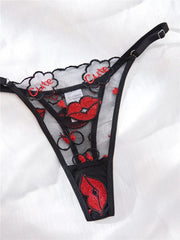 Black Lips Embroidery Sheer Lingerie Set