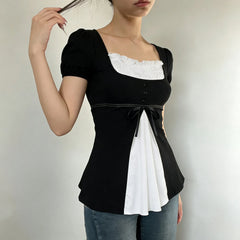 Black And White Square Neck Puff Sleeve Blouse