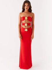 Orange Metal Rose Hollow Out Maxi Dress
