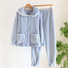 Flannel Plush Long Sleeve Shirt And Pants 2 Piece Set