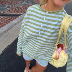 Striped  Crew Neck Open Front Button Down Cardigan