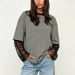 Striped Mock Lace Long Sleeve Underlayer T-shirt