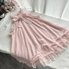 Pink Sleeveless Tank Lace Trim Bow Mini Dress