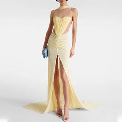 Yellow Patchwork Ruched Slit Wrap Around Sleeve Midi Dress