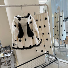 White Polka Dot Print Fleece Pajama 3 Piece Set
