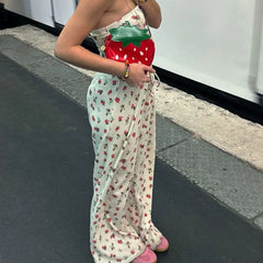 Waffle Fruit Print Strapless Tube Tops with Elastic Waist Pants Loungewear Set